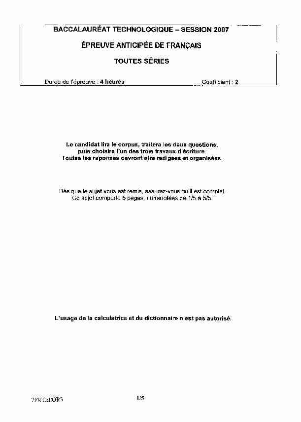 Sujet officiel complet du bac STG Français (1ère) 2007 - Polynésie