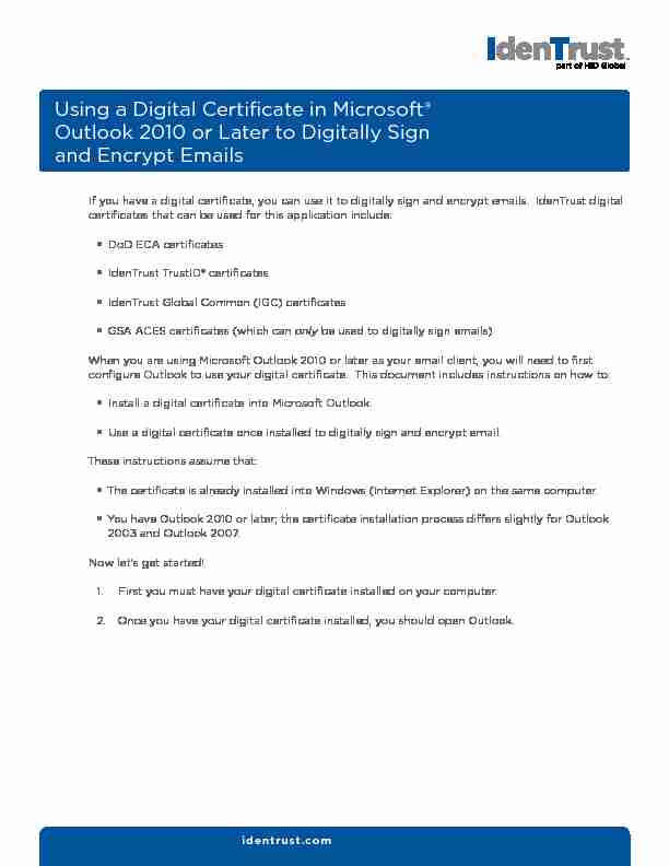 Using a Digital Certificate in Microsoft® Outlook 2010 or Later to