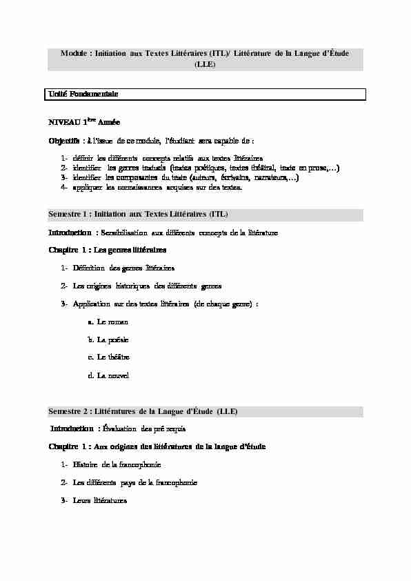 [PDF] Module : Initiation aux Textes Littéraires (ITL)/ Littérature de la