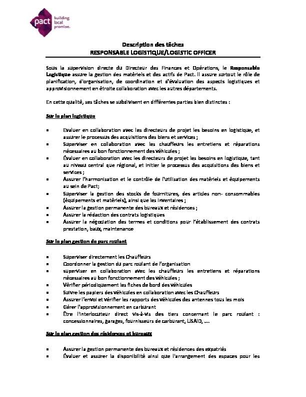 [PDF] Responsable Logistique/Logistic Officer  Pact Madagascar