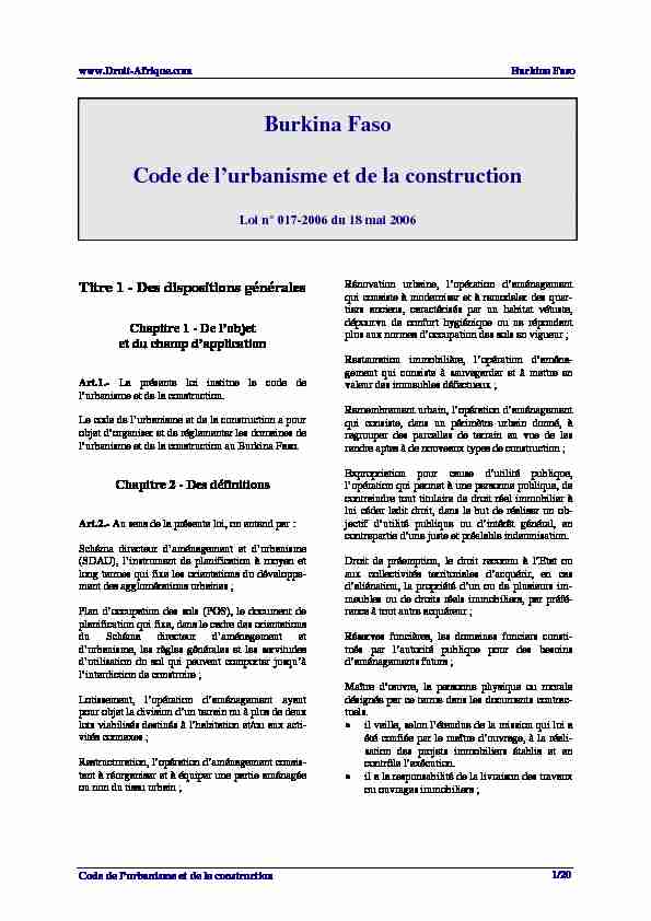 Burkina Faso Code de lurbanisme et de la construction