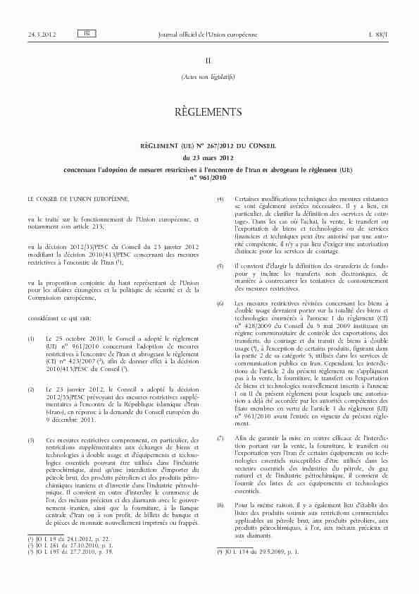 Règlement (UE) no 267/2012 du Conseil du 23 mars 2012