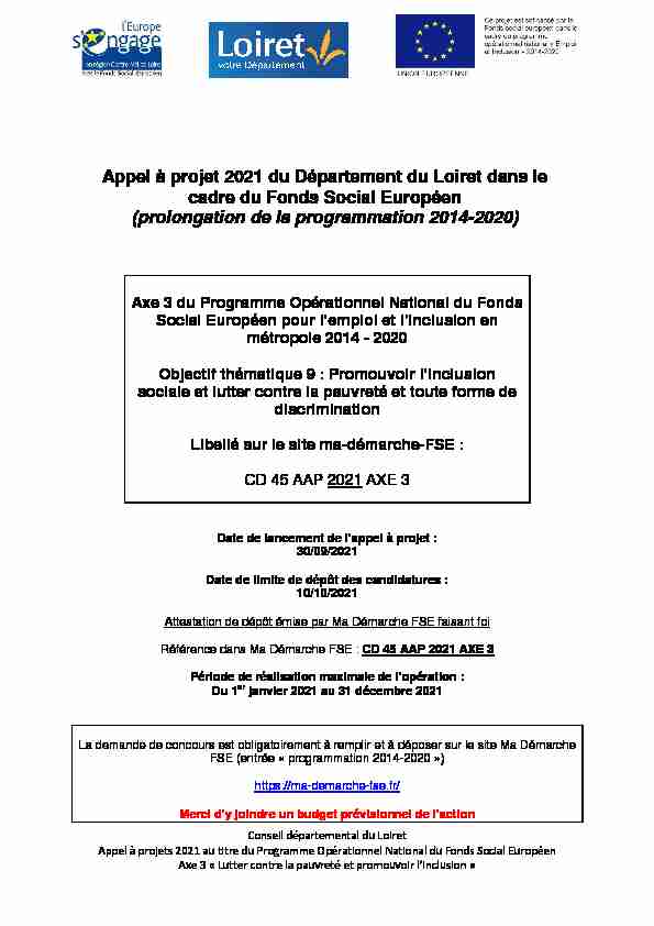 Appel à projet 2021 du Département du Loiret dans le cadre du