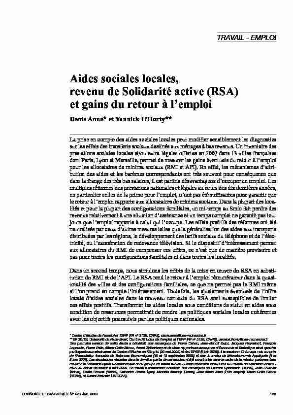Aides sociales locales revenu de Solidarité active (RSA) et gains du