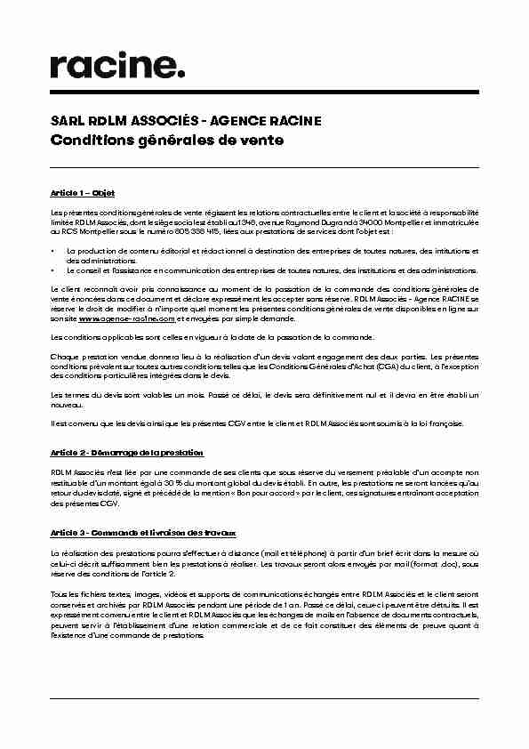 pdf SARL RDLM ASSOCIÉS - AGENCE RACINE CONDITIONS GÉNÉRALES DE VENTE