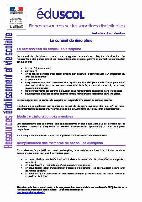 [PDF] Le conseil de discipline - mediaeduscoleducationfr - Ministère de l
