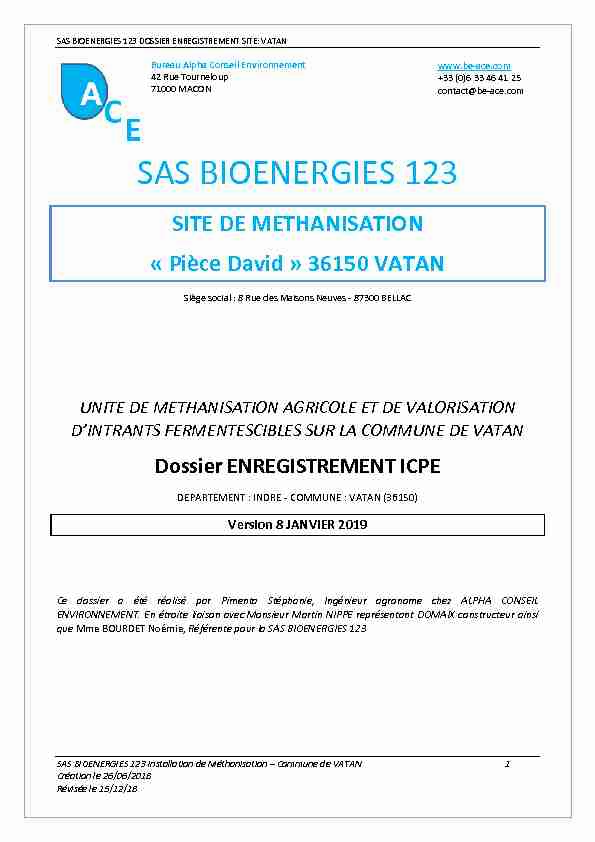 SAS BIOENERGIES 123 DOSSIER ENREGISTREMENT SITE