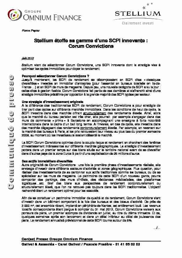 [PDF] Stellium étoffe sa gamme dune SCPI innovante : Corum Convictions