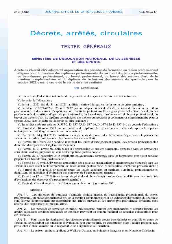 Journal officiel de la République française - N° 98 du 27 avril 2022