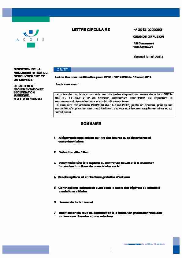 1 n° 2012-0000093 LETTRE CIRCULAIRE SOMMAIRE