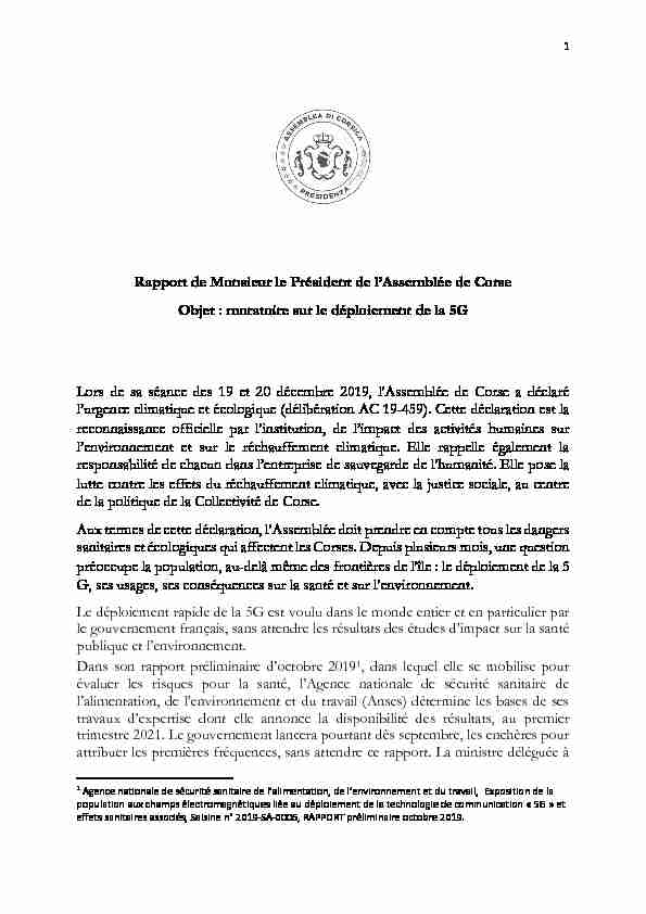 Rapport de Monsieur le Président de lAssemblée de Corse Objet