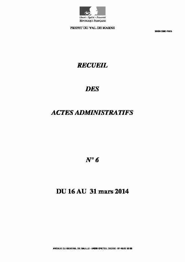RECUEIL DES ACTES ADMINISTRATIFS N° 6 DU 16 AU 31 mars
