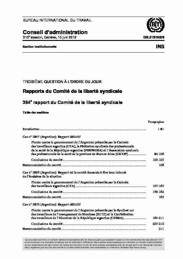 Rapports du Comité de la liberté syndicale – 364e rapport du