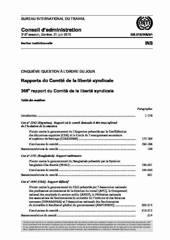 Rapports du Comité de la liberté syndicale - 368e rapport du Comité