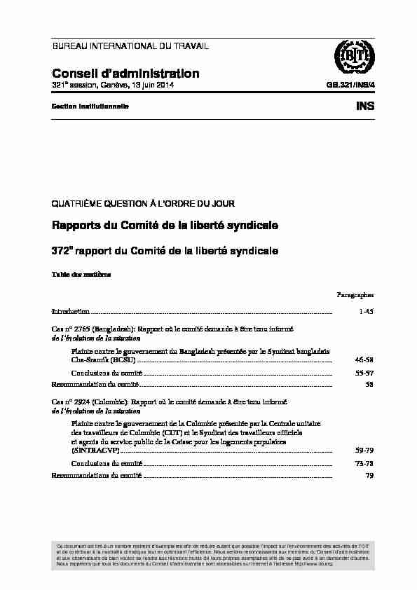 Rapports du Comité de la liberté syndicale - 372e rapport du Comité