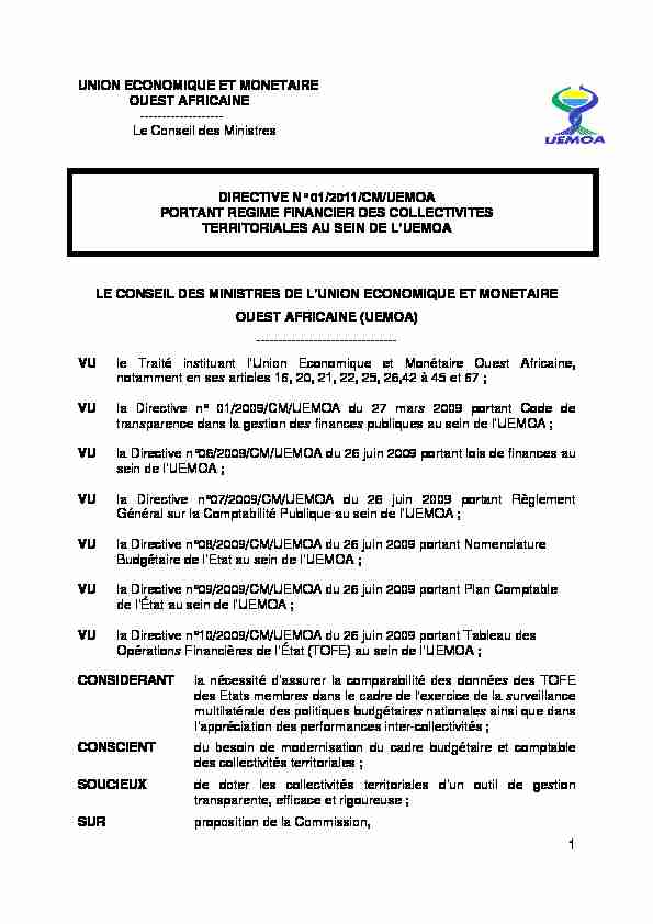 Directive n°01/2011/CM/UEMOA du 24 juin 2011 portant regime