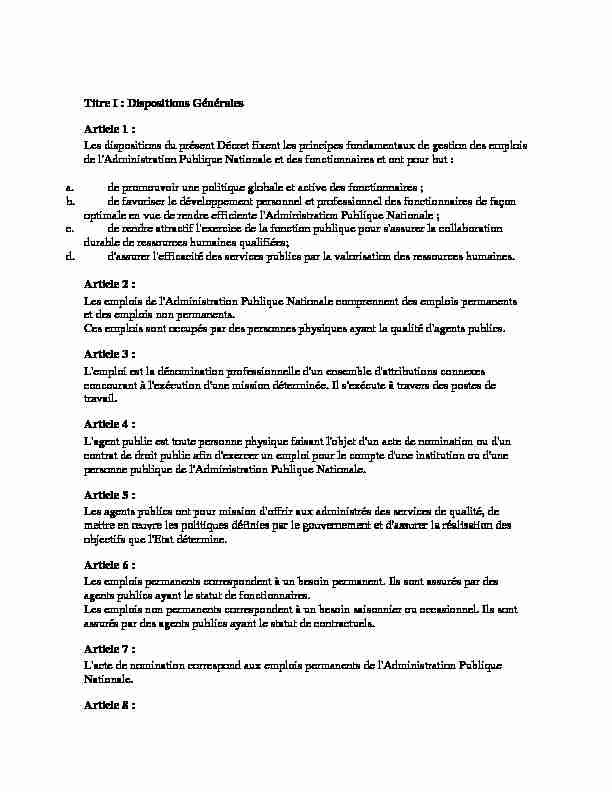 Titre I : Dispositions Générales Article 1 : Les dispositions du présent