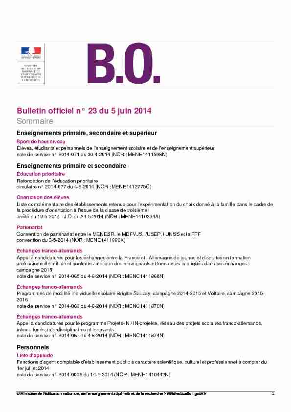 Bulletin officiel n° 23 du 5 juin 2014 Sommaire