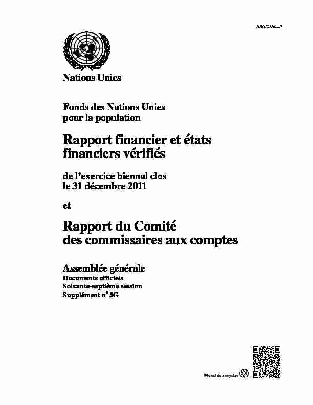 Rapport financier et états financiers vérifiés Rapport du Comité des