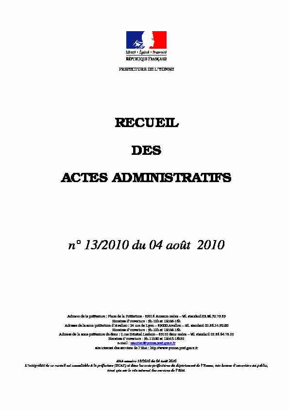 RECUEIL DES ACTES ADMINISTRATIFS n° 13/2010 du 04 août 2010