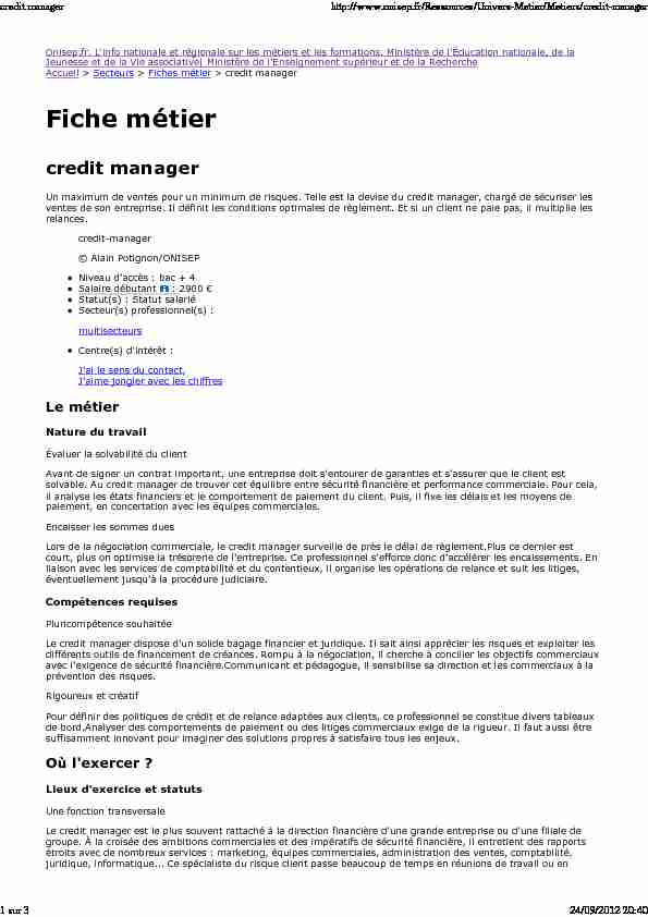 Fiche métier ONISEP : Credit manager