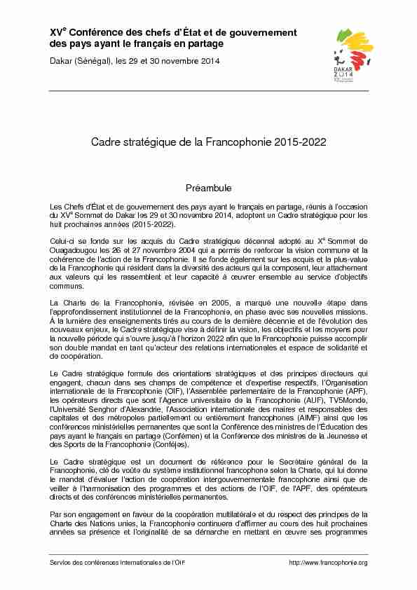 Cadre stratégique de la Francophonie 2015-2022