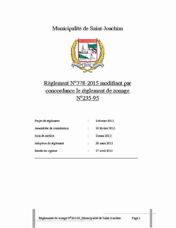 Municipalité de Saint-Joachim Règlement N 378-2015 modifiant par