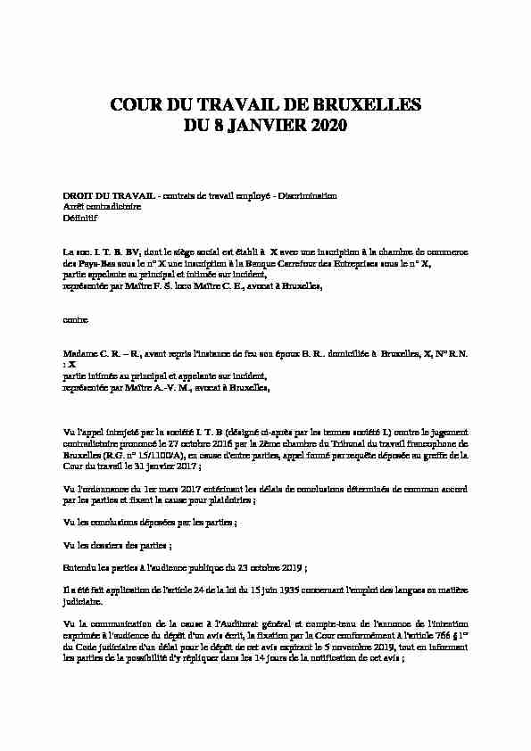 COUR DU TRAVAIL DE BRUXELLES DU 8 JANVIER 2020