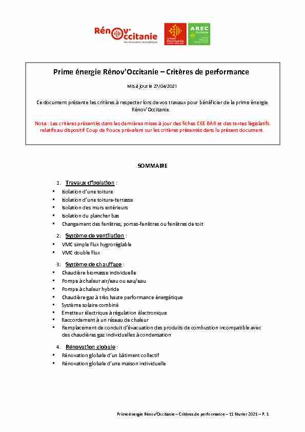 [PDF] Prime énergie RénovOccitanie – Critères de performance