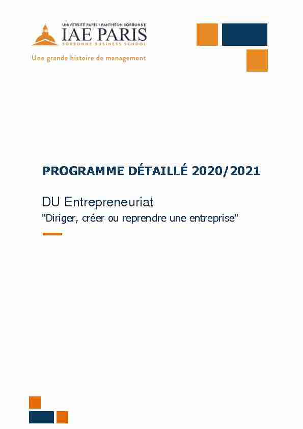 PROGRAMME DÉTAILLÉ 2020/2021 - DU Entrepreneuriat