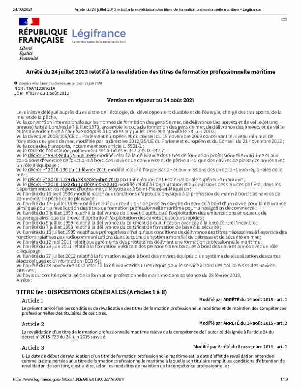 [PDF] Arrêté du 24 juillet 2013 relatif à la revalidation des titres de  - ILO