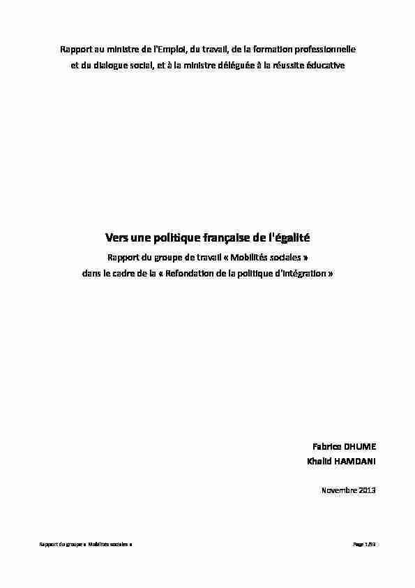 Vers une politique française de légalité Rapport du groupe de