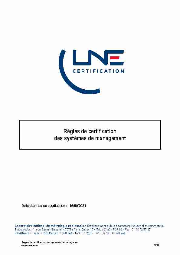 LNE Règles de certification des systèmes de management