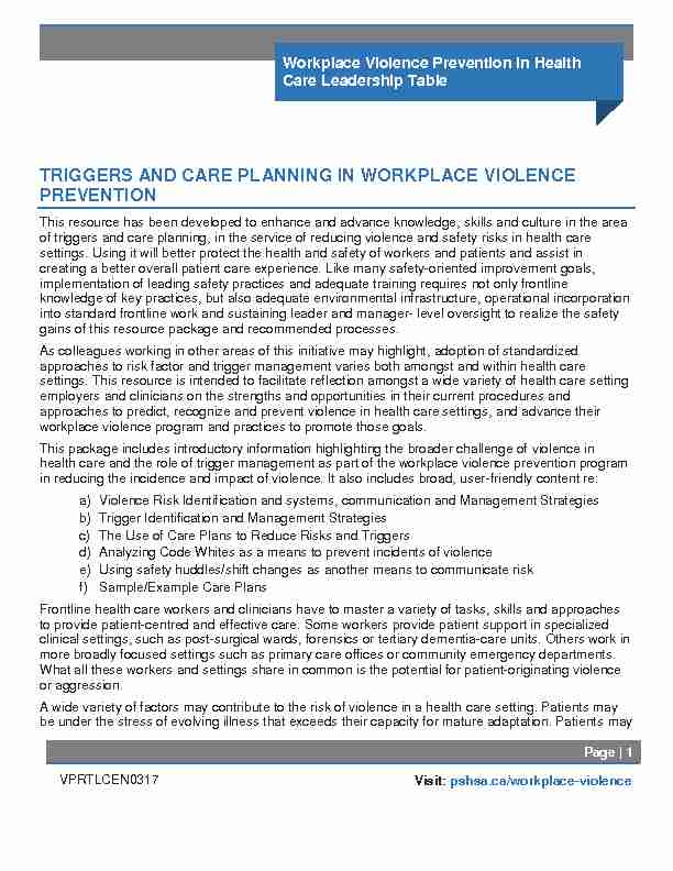 TRIGGERS AND CARE PLANNING IN WORKPLACE VIOLENCE