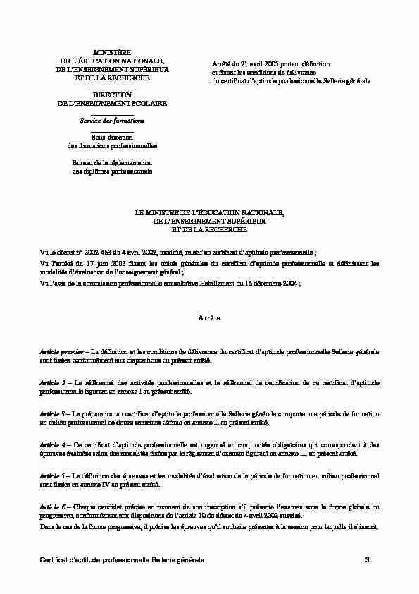 Certificat daptitude professionnelle Sellerie générale 3 MINISTÈRE