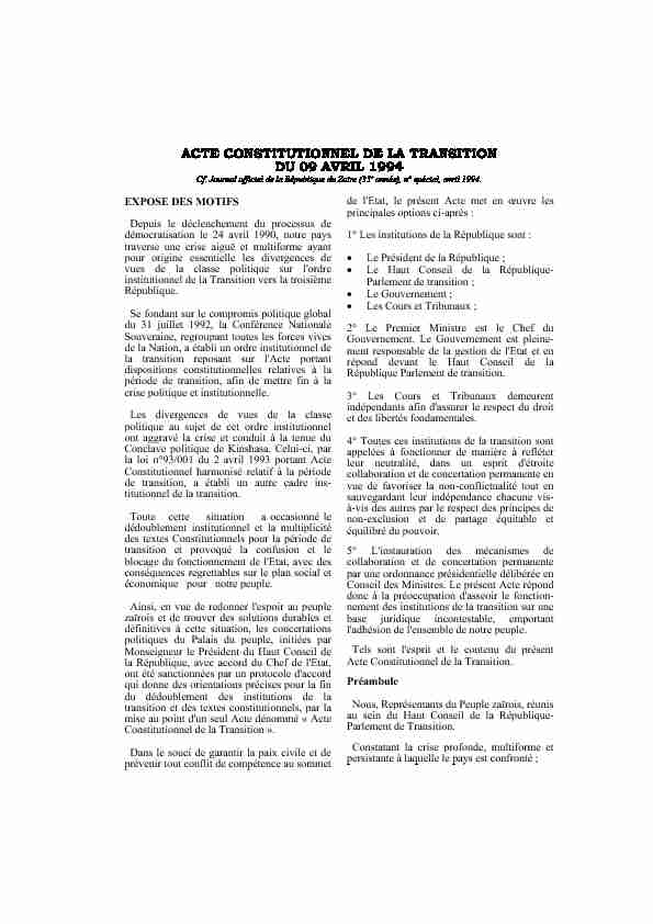 Acte constitutionnel de la transition du 09 avril 1994