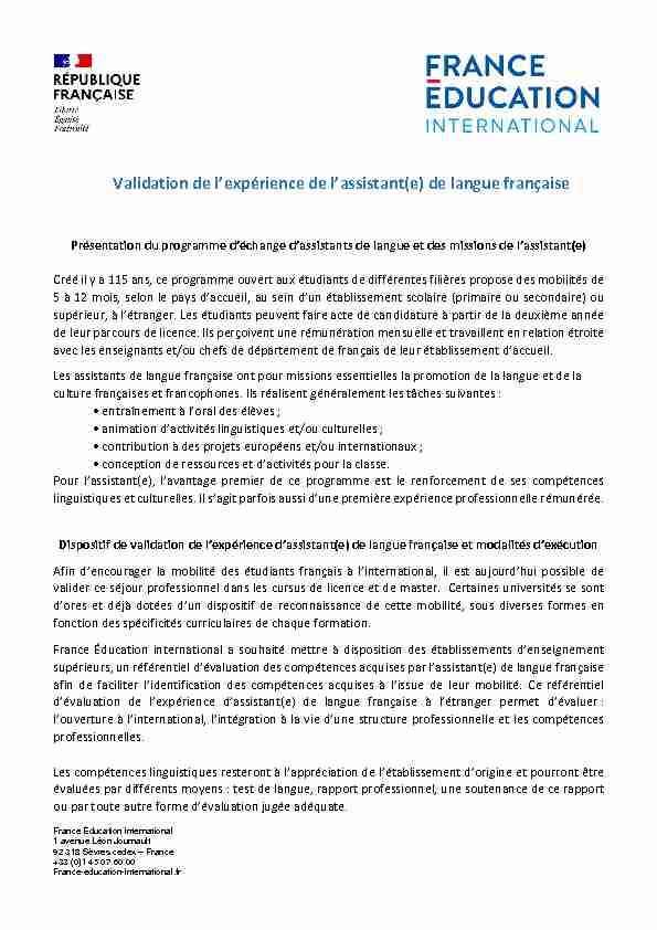 Validation de lexpérience de lassistant(e) de langue française