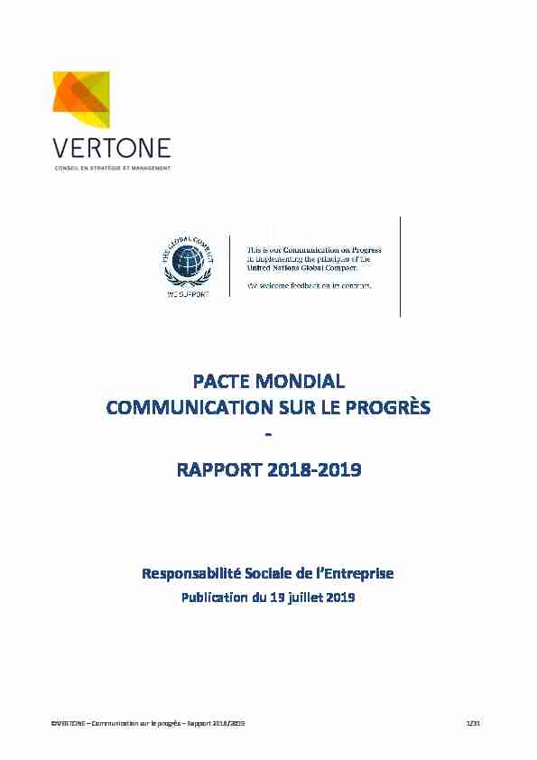 PACTE MONDIAL COMMUNICATION SUR LE PROGRÈS RAPPORT 2018-2019