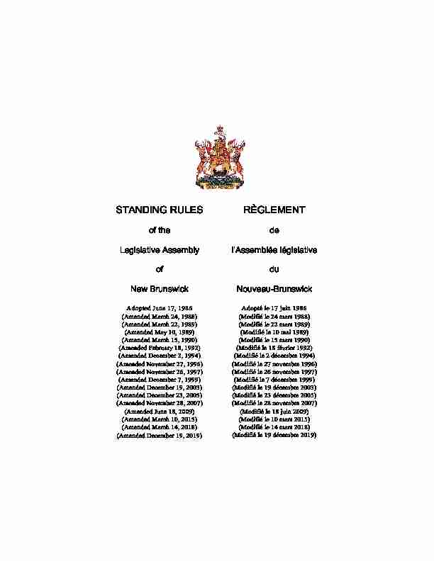 STANDING RULES - of the Legislative Assembly of New Brunswick