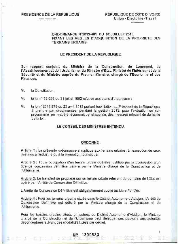 PRESIDENCE DE LA REPUBLIQUE REPUBLIQUE DE COTE D'IVOIRE
