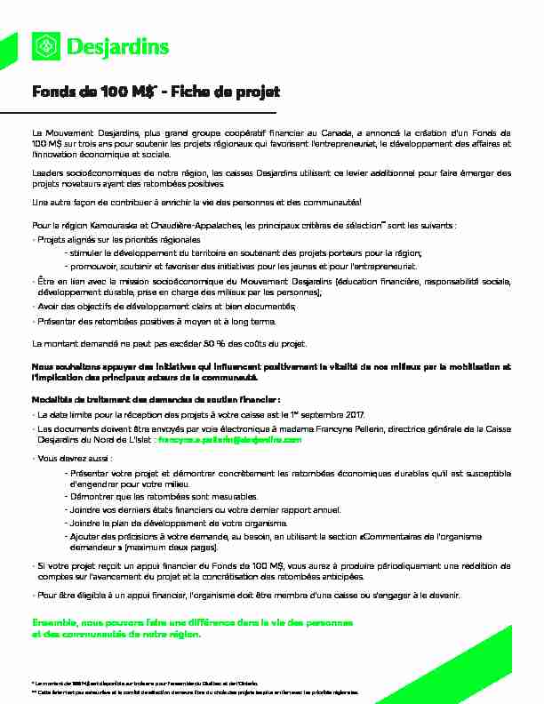 [PDF] Fonds de 100 M$* - Fiche de projet - Desjardins