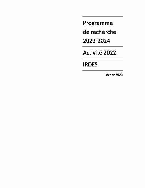 Programme de recherche 2021-2023 Activité 2020 IRDES