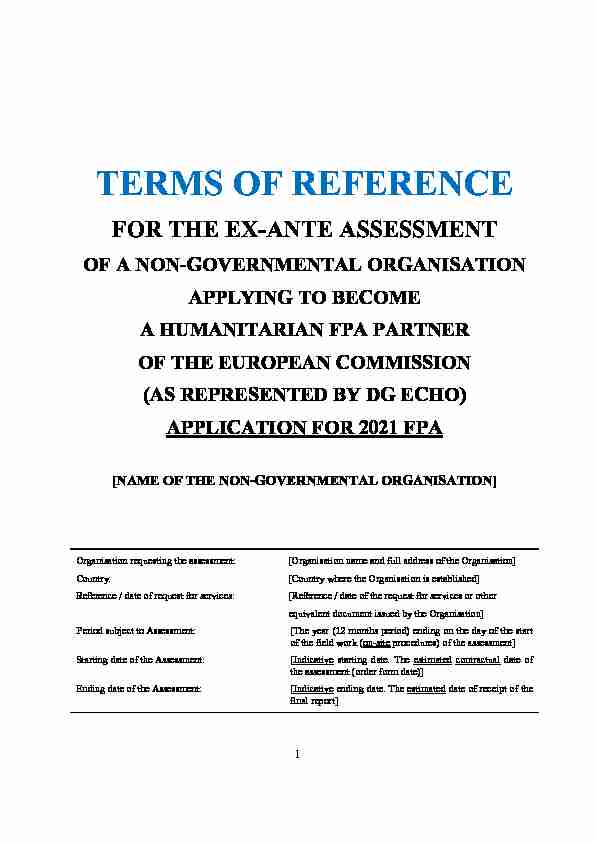 terms of reference - for the ex-ante assessment