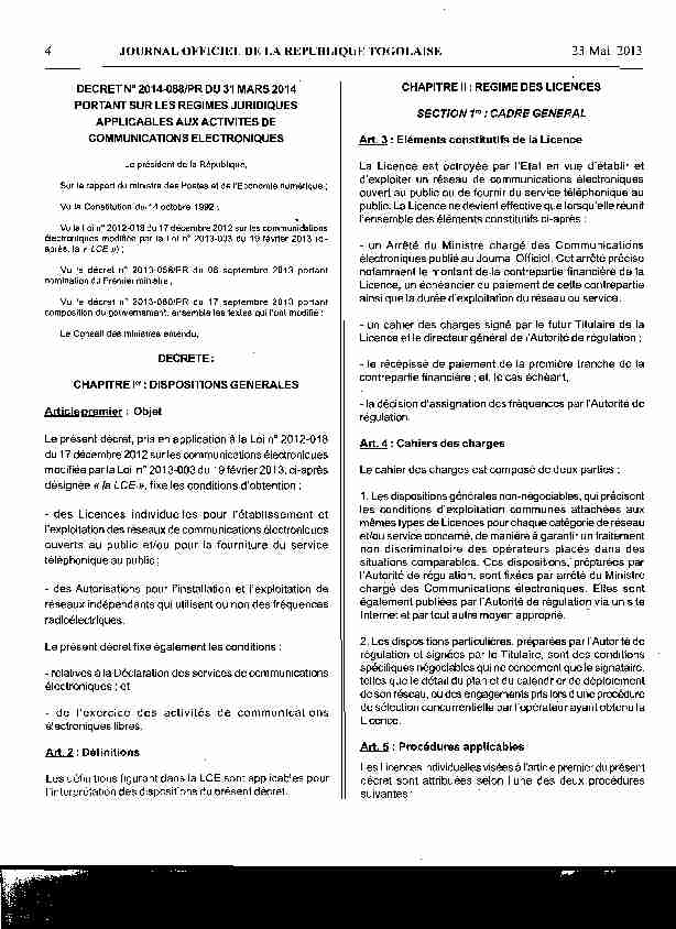 Togo - Decret n°2014-88 du 31 mars 2014 portant sur les regimes