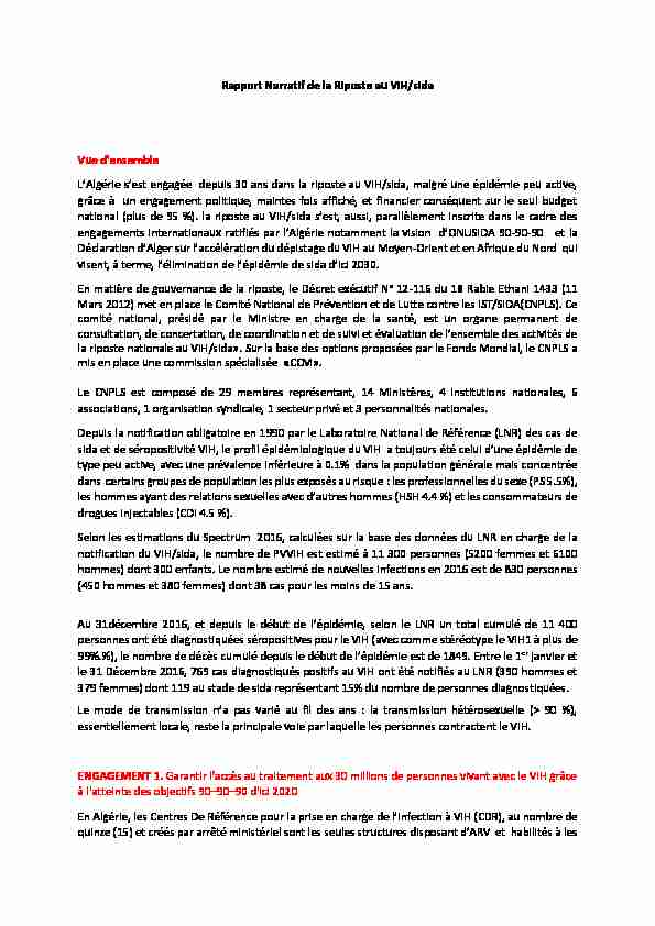 Rapport Narratif de la Riposte au VIH/sida Vue densemble LAlgérie