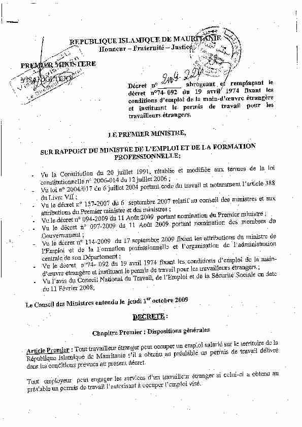 Mauritanie (Premier Ministre, decret no 114-2009)