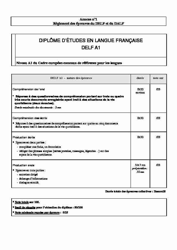 DIPLÔME DÉTUDES EN LANGUE FRANÇAISE DELF A1