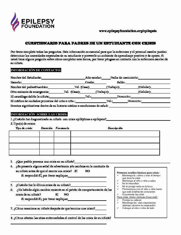 QUESTIONNAIRE FOR PARENTS OF CHILD WITH EPILEPSY