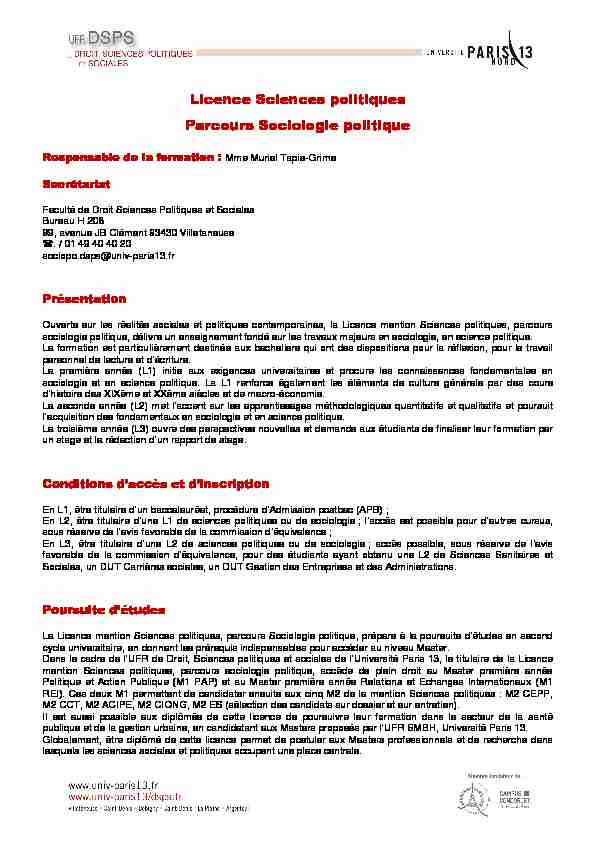 [PDF] Licence Sciences politiques Parcours Sociologie politique - DSPS