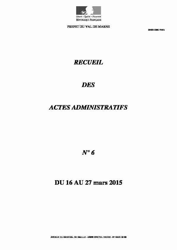 RECUEIL DES ACTES ADMINISTRATIFS N° 6 DU 16 AU 27 mars